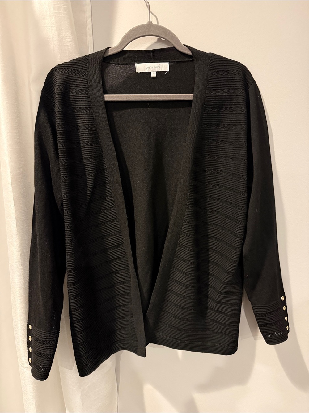 Vintage Style Black Open Front Women's Sweater with Button Cuffs